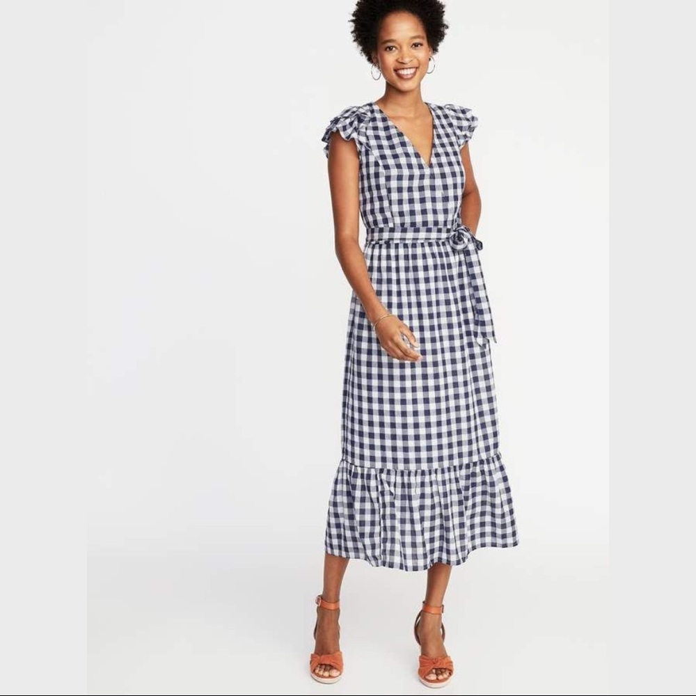 Old Navy Ruffle-Sleeve Gingham Waist-defined Tie Waist Midi Dress Size L - Picture 1 of 11